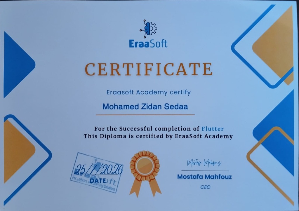 EraaSoft Flutter Diploma Certificate — Mohamed Zidan
