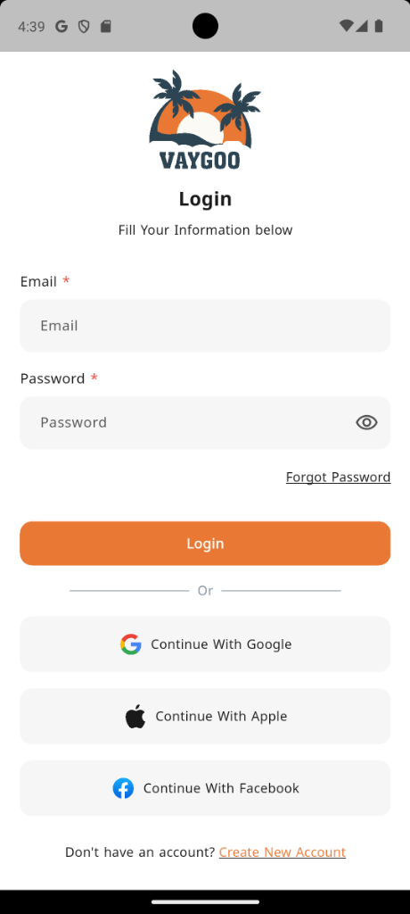 Vaygoo Mobile Login Screen