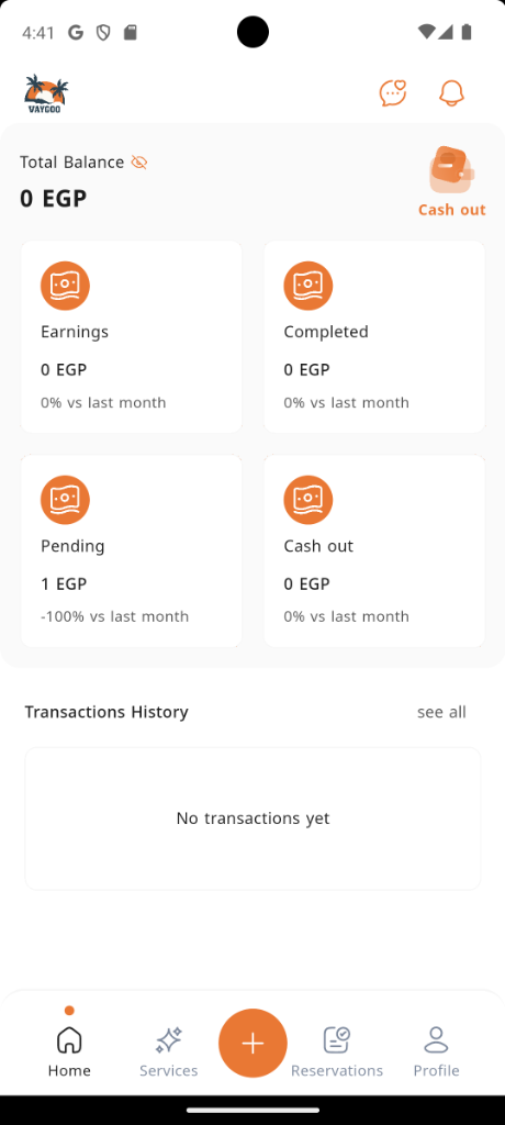 Vaygoo Provider Home Screen